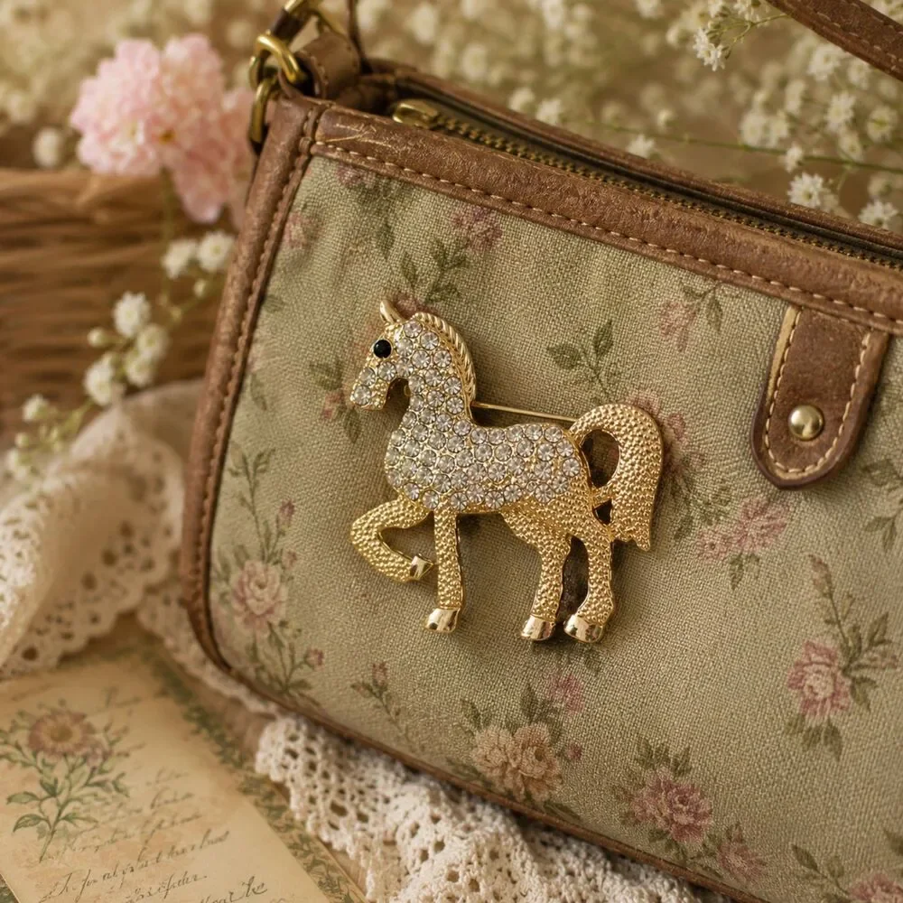 Gold Tone Rhinestone Horse Brooch, Equestrian Pony Pin, Sparkly Horse Jewelry